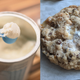 Left: scoop of dry milk powder; right: cornflake marshmallow cookie